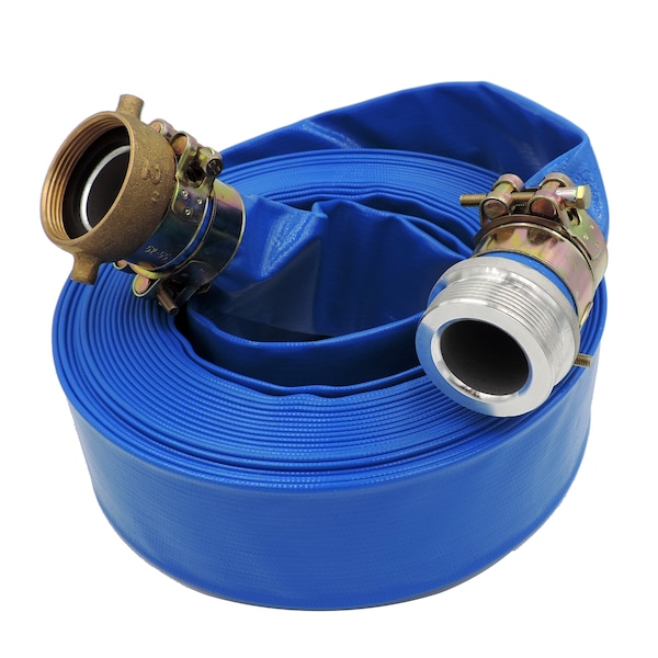 3"x100Ft Heavy Duty Blue Lay Flat Discharge Hose with Pin Lugs